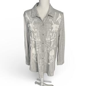 Soft Surroundings Lacey Shirt Embroidered Button down Gray Tunic Top boho